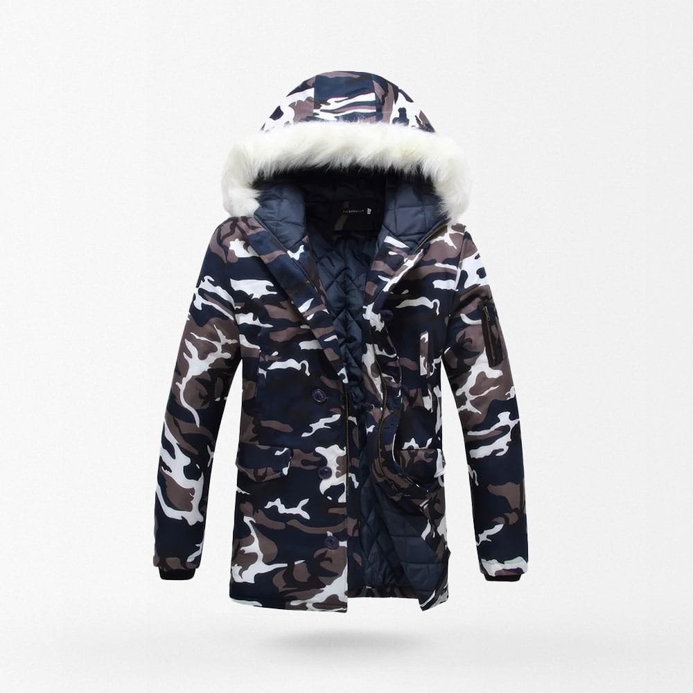 camouflage parka with fur hood