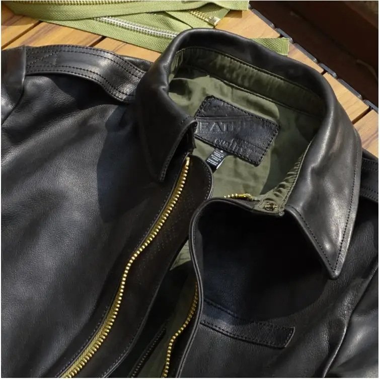 Blouson aviateur Type A2 en cuir doublure olive – Image 5