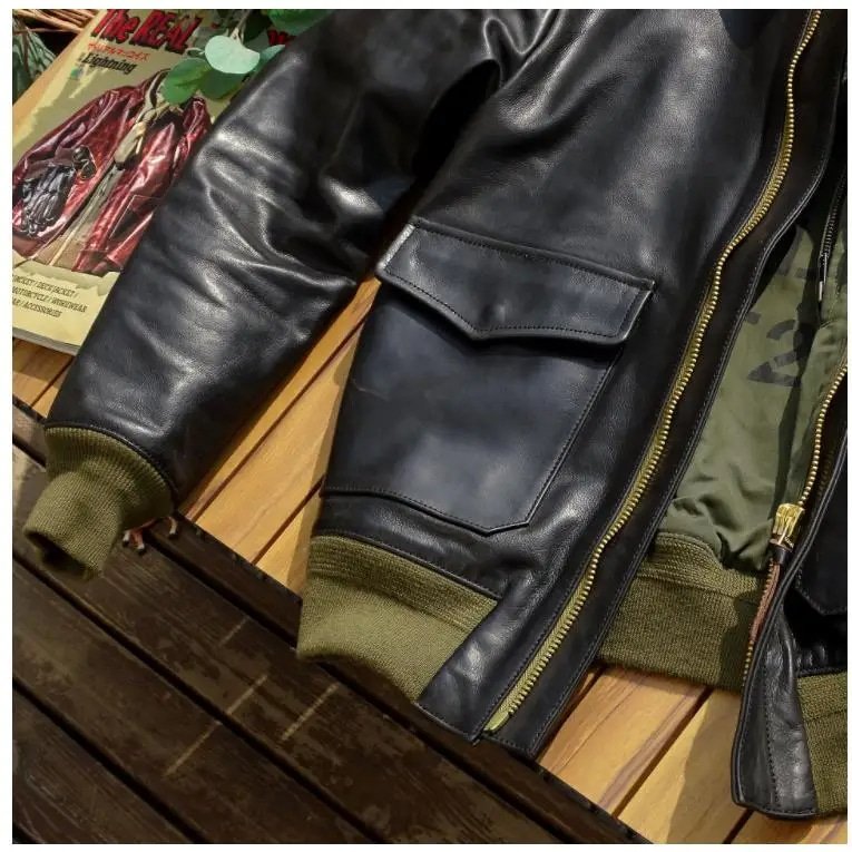 Blouson aviateur Type A2 en cuir doublure olive – Image 4