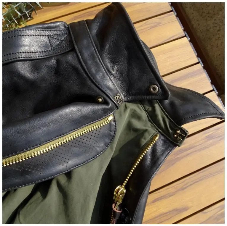 Blouson aviateur Type A2 en cuir doublure olive – Image 3