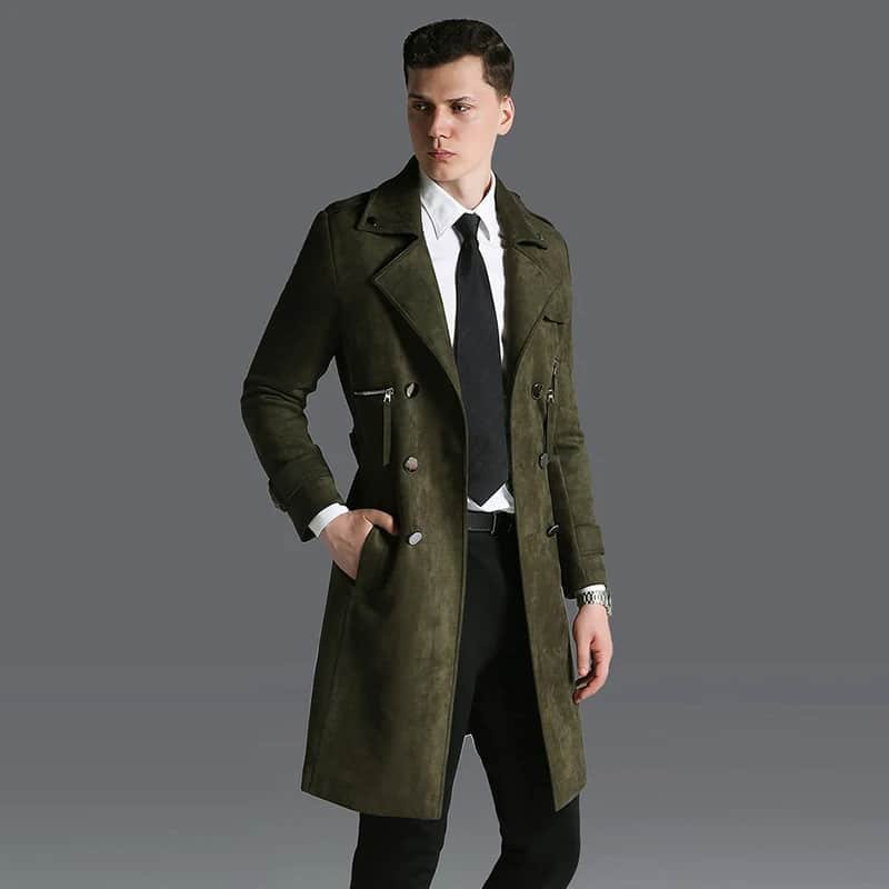 Military style suede trench coat