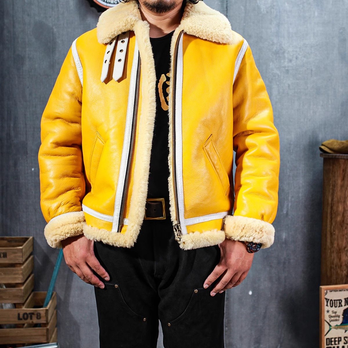 Yellow leather bomber jacket B3