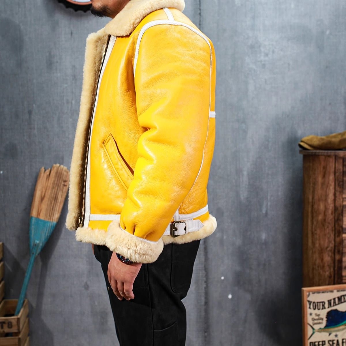 Yellow leather bomber jacket B3