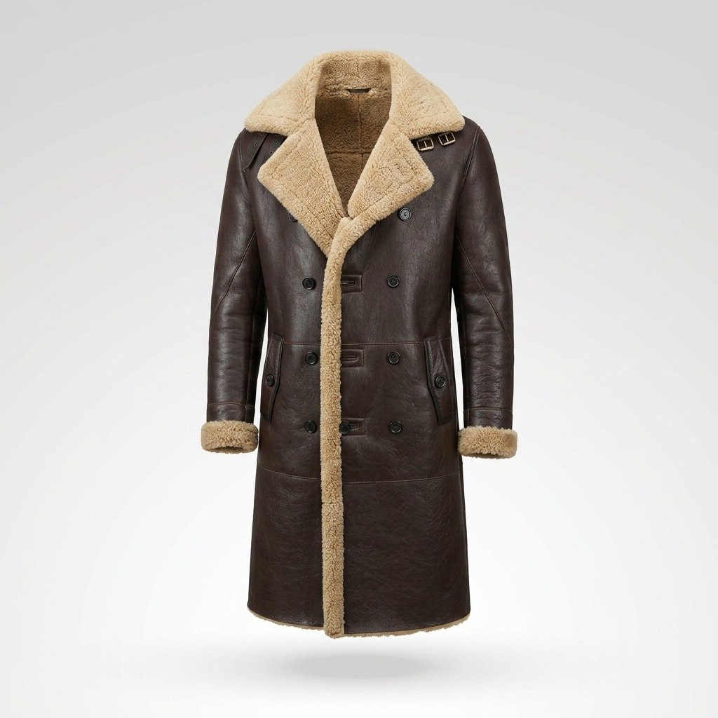 Manteau style militaire marron en cuir et fourrure de mouton pour grand froid