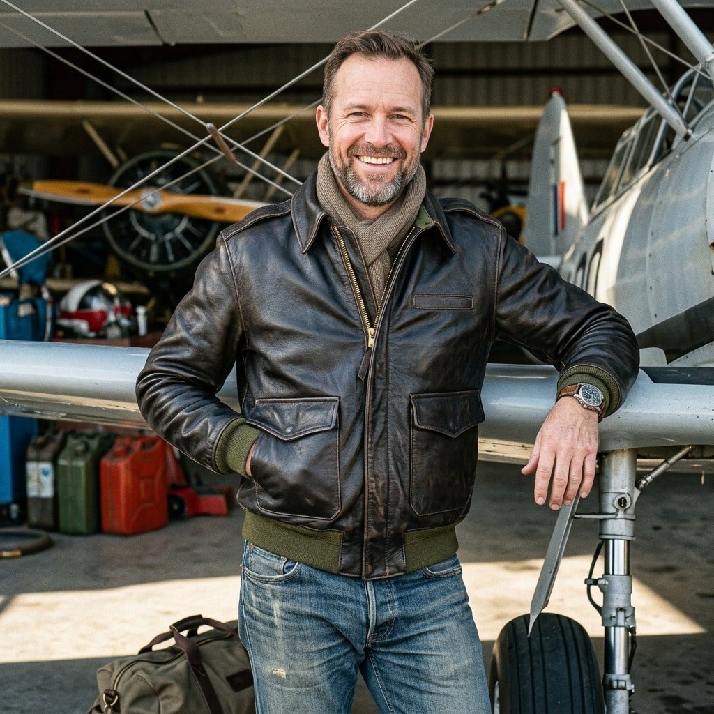 Blouson aviateur Type A2 en cuir doublure olive – Image 2