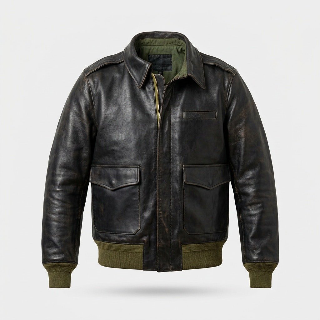 Blouson aviateur Type A2 en cuir doublure olive