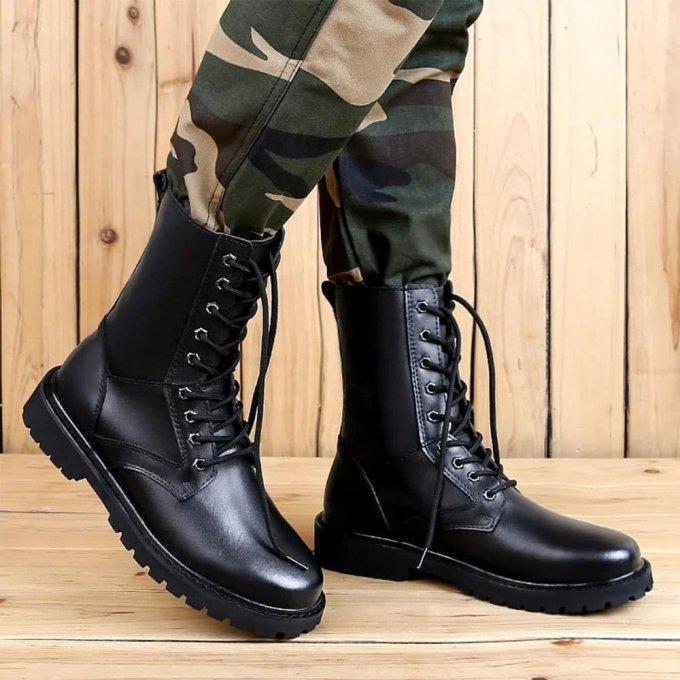 Black leather combat boots