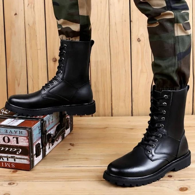 Black leather combat boots