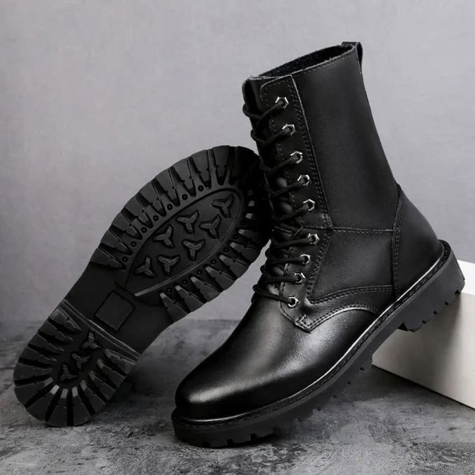 Black leather combat boots