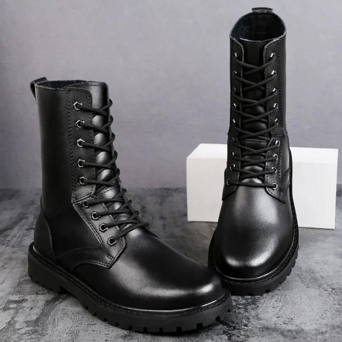 Black leather combat boots