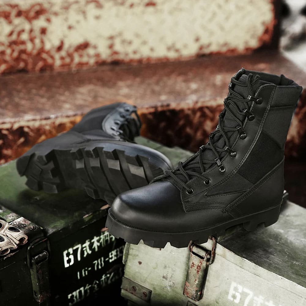 Black leather lace up combat boots