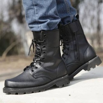 Black leather steel toe combat boots