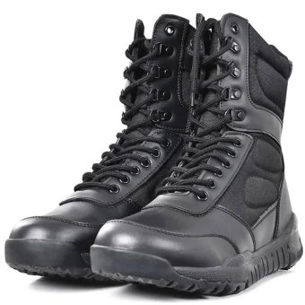 Black tactical leather boots with zipper