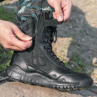 Black tactical leather boots with zipper