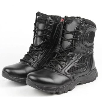 Lace up leather combat boots with zipper