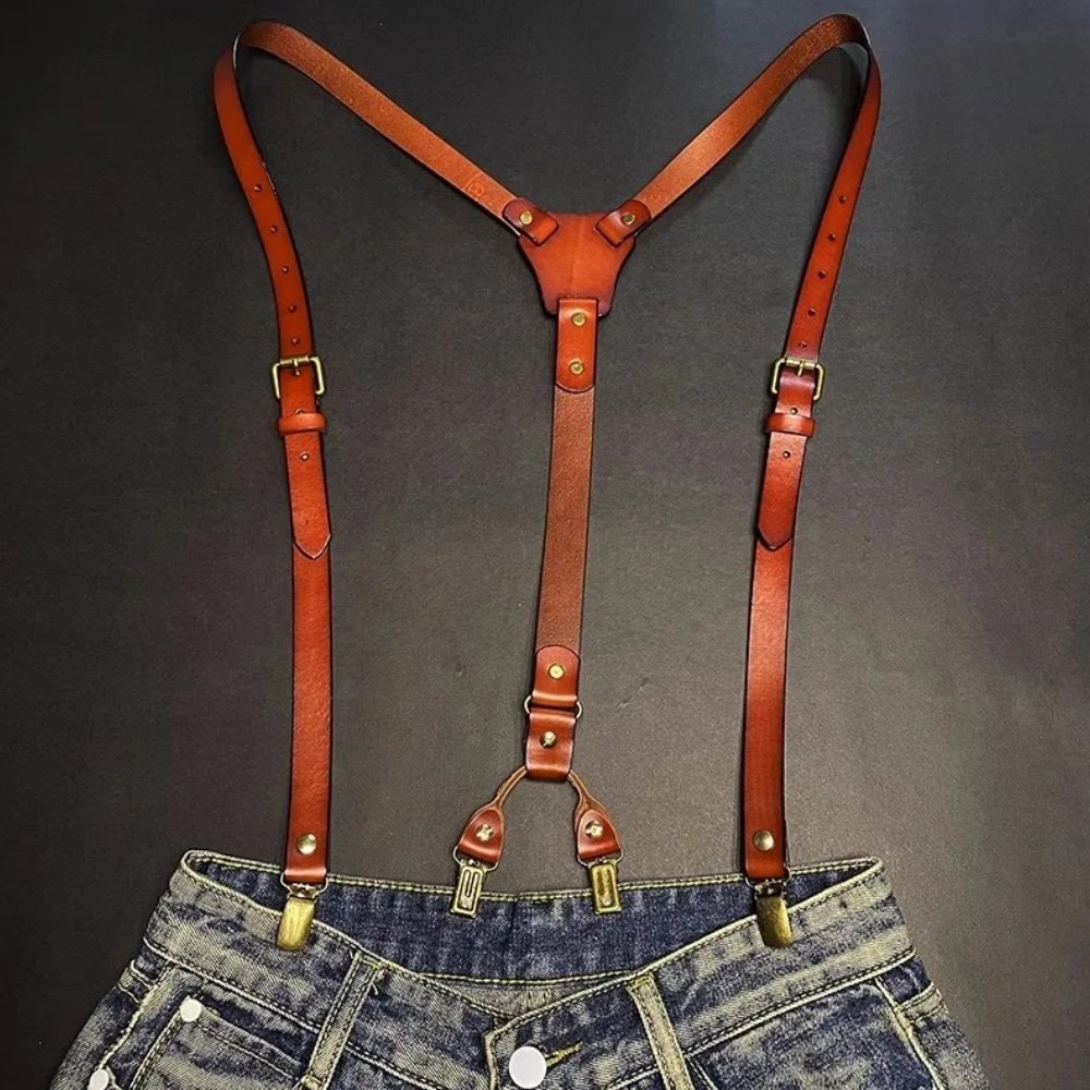 Brown leather tactical suspenders