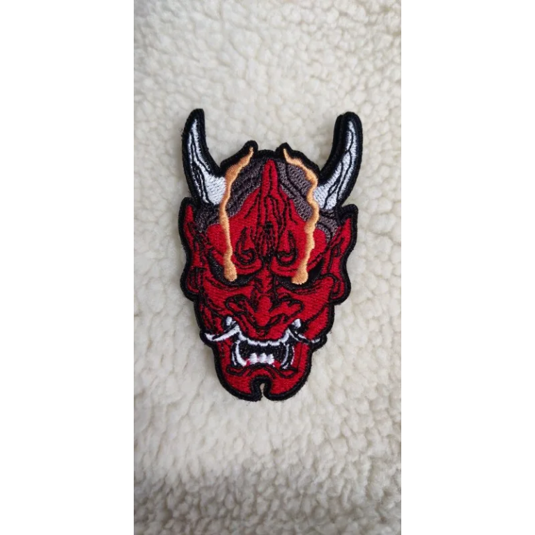 Red devil head embroidered patch photo review